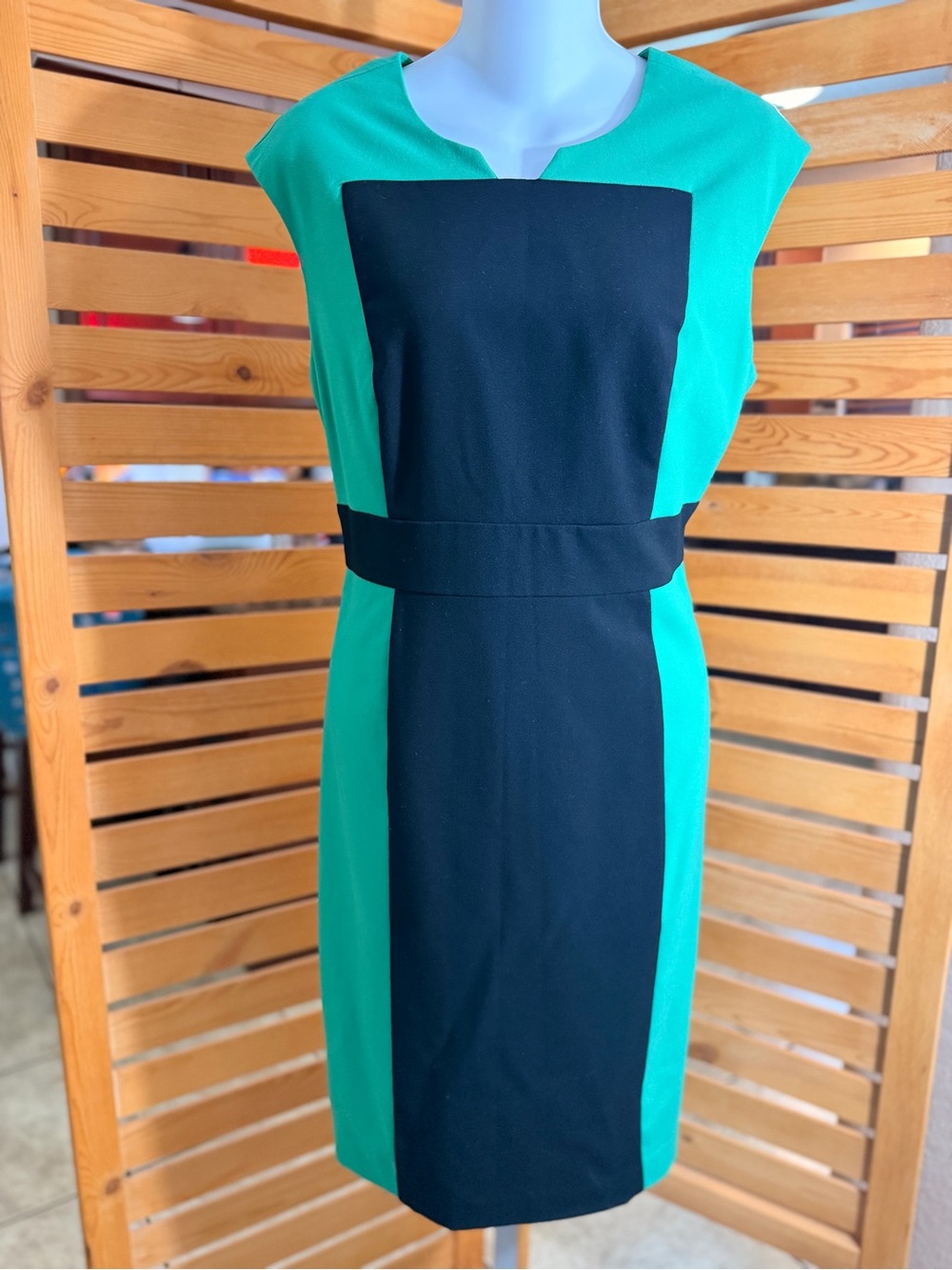 Calvin Klein Black and Teal Colorblock Midi Sheath Dress